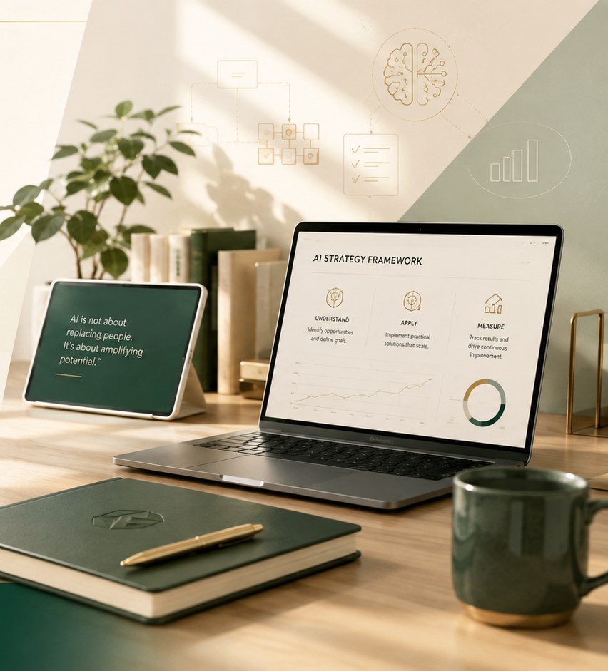 An AI-ready workspace with a laptop, tablet, and notebook